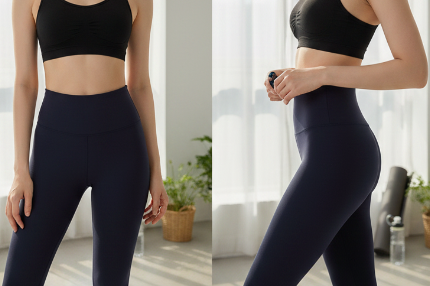 Tight crop on the waistband area showing the fabric quality, the width of the panel, and how it sits flush against the body without rolling. 