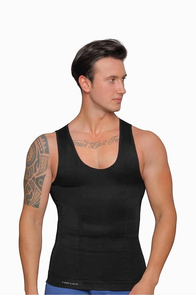 TAFUER Webwinkel black compression tank top for men, seamless, breathable, polyamide and elastane blend for a slimmer silhouette.