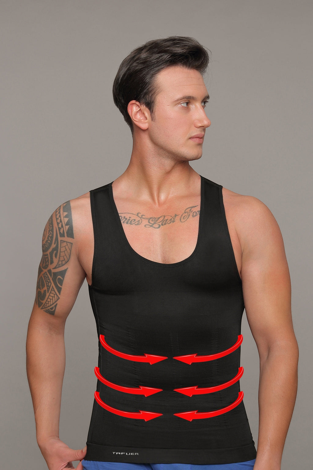 TAFUER Webwinkel black compression tank top for men, designed to slim the waist and abdomen. Made of polyamide and elastane.