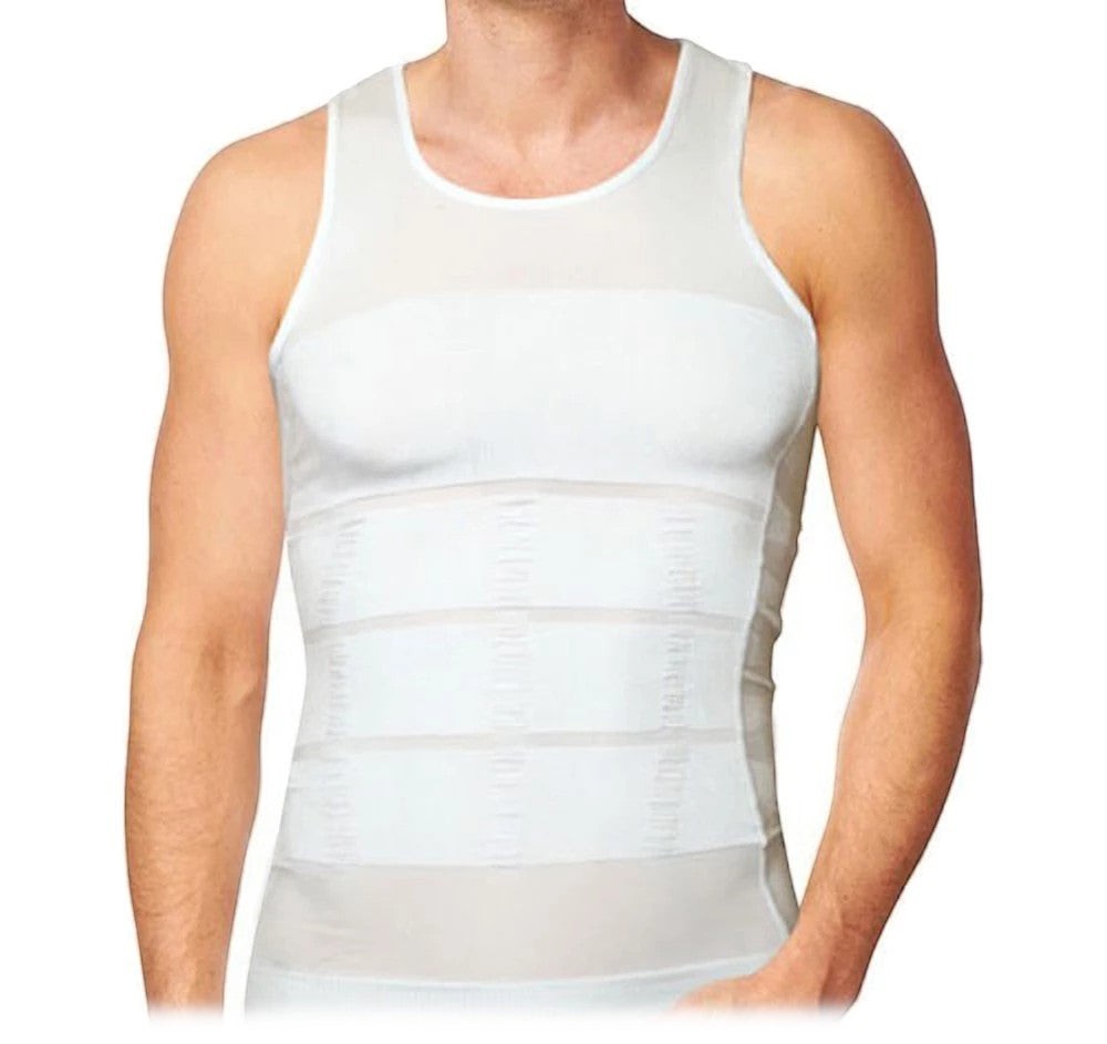 TAFUER Webwinkel men's white compression tank top, seamless, breathable, polyamide and elastane blend for a slimmer silhouette.