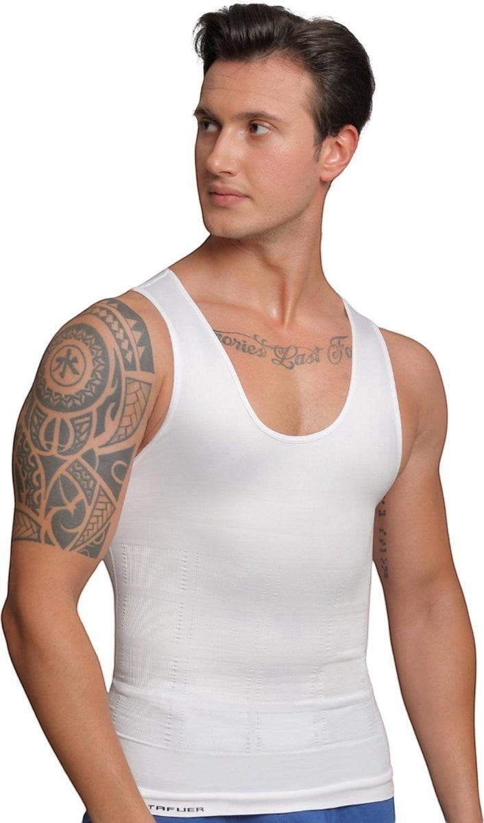 TAFUER Webwinkel white seamless slimming tank top for men, made of polyamide and elastane, with a U-neck.