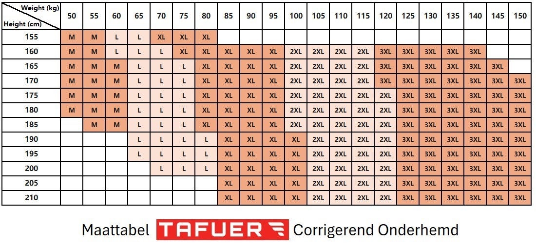 TAFUER Webwinkel men's slimming undershirt size chart. Shows height and weight ranges for sizes M to 3XL.